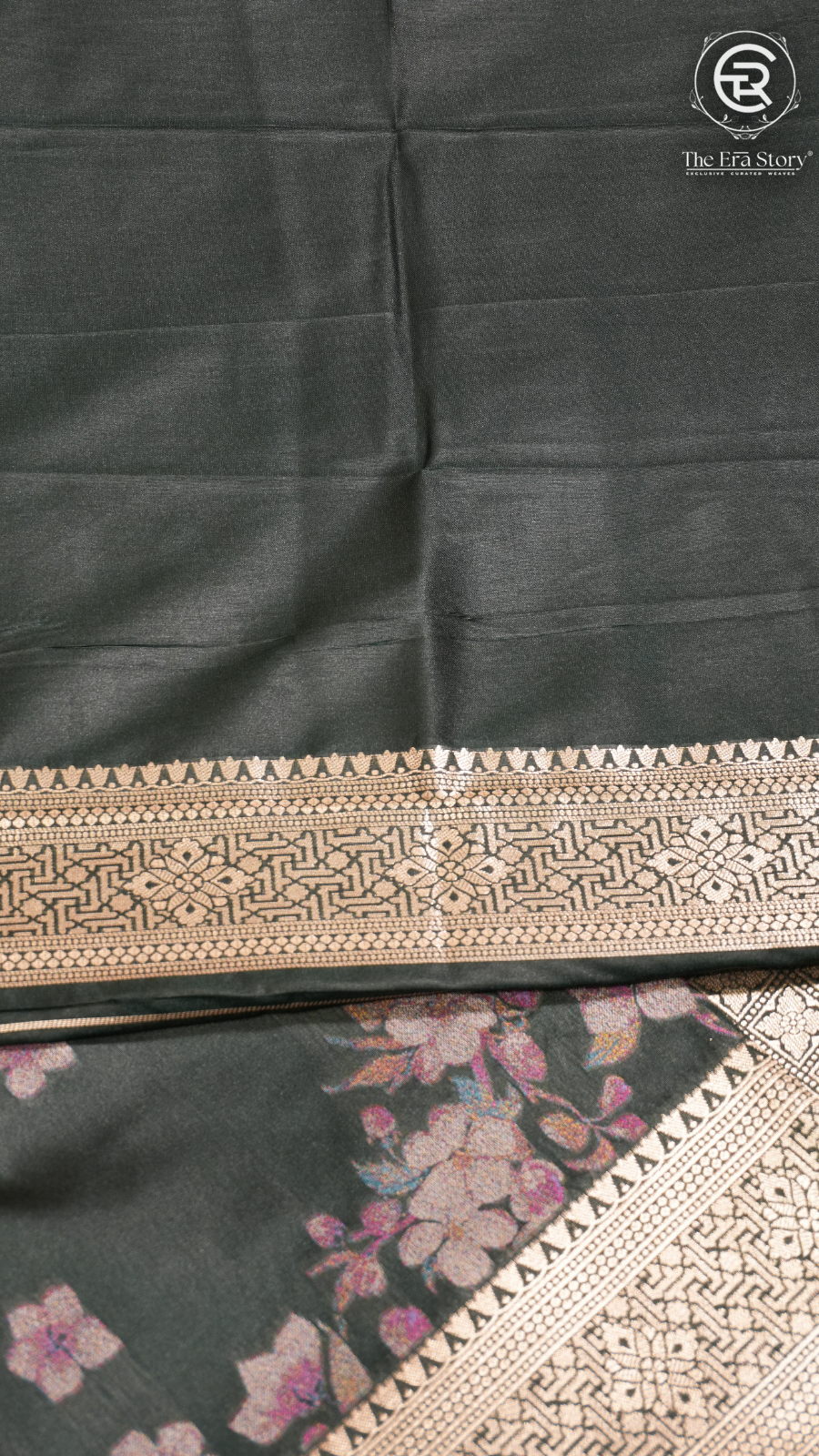 Green and Gold Zari Weaved Floral Banarasi Silk Saree