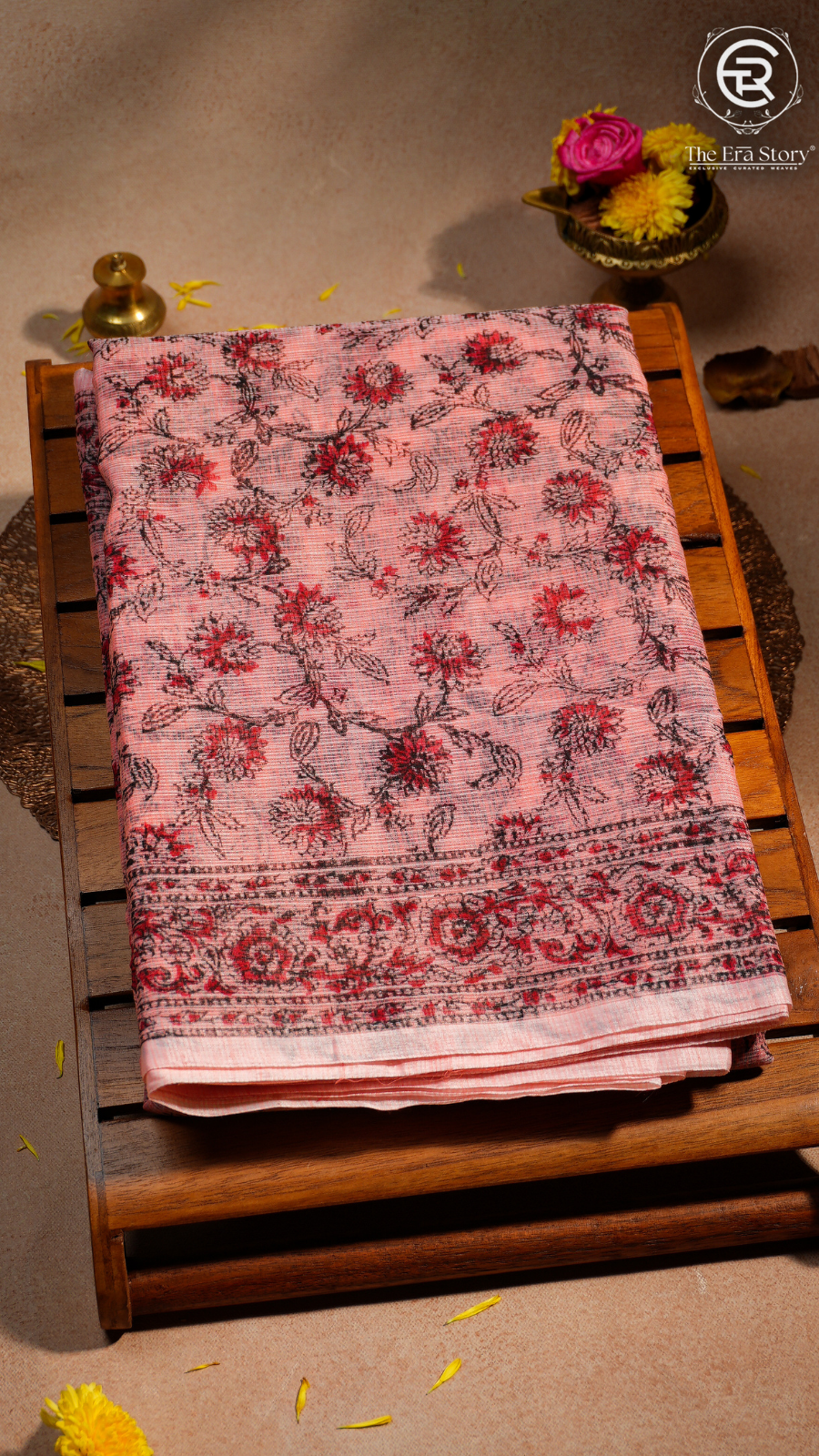 Peach Red Floral Kota Doria Summer Cotton Saree