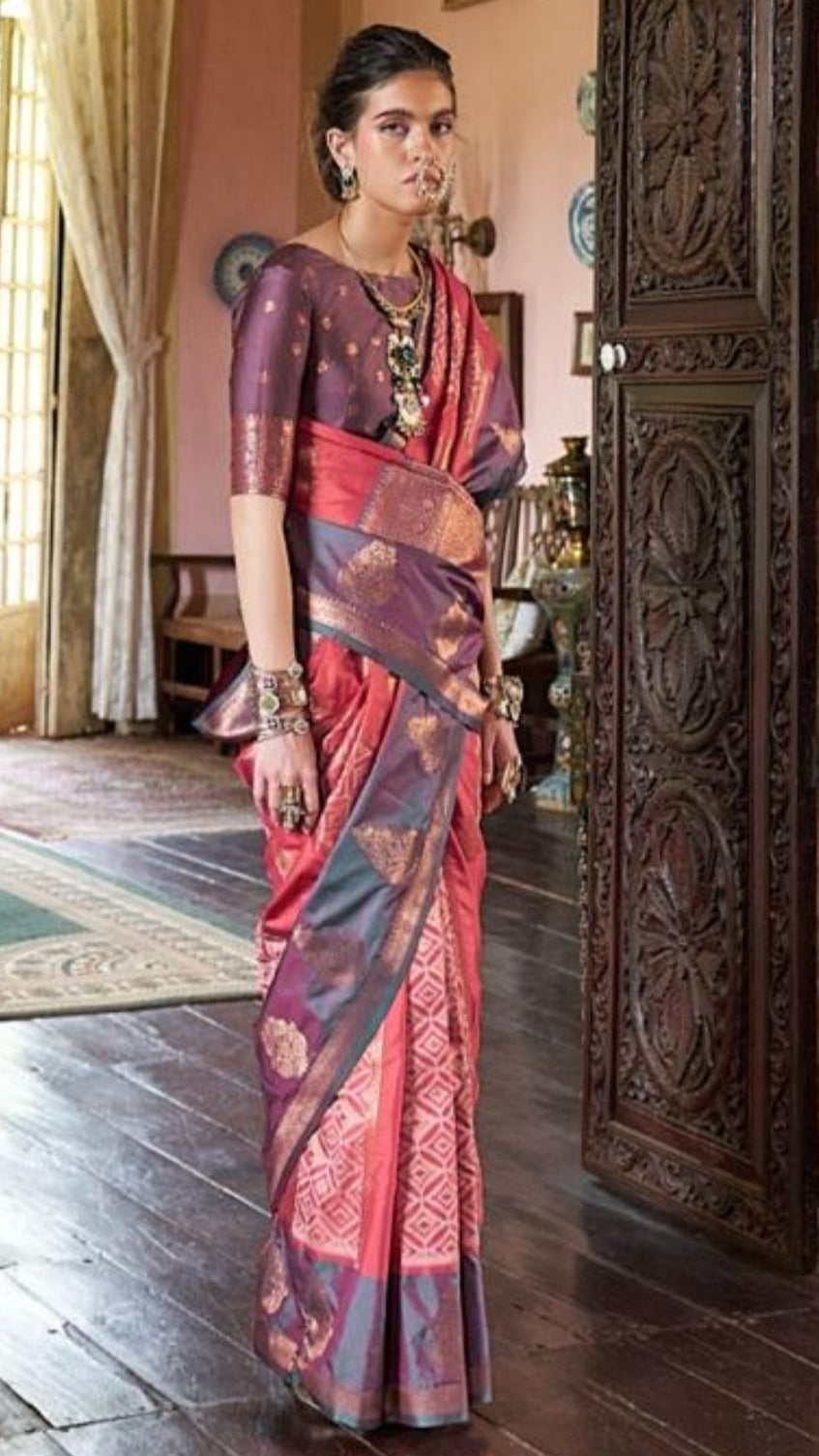 Ruby Pink and Purple Dual Shade Ikkat Kanchi Soft Silk