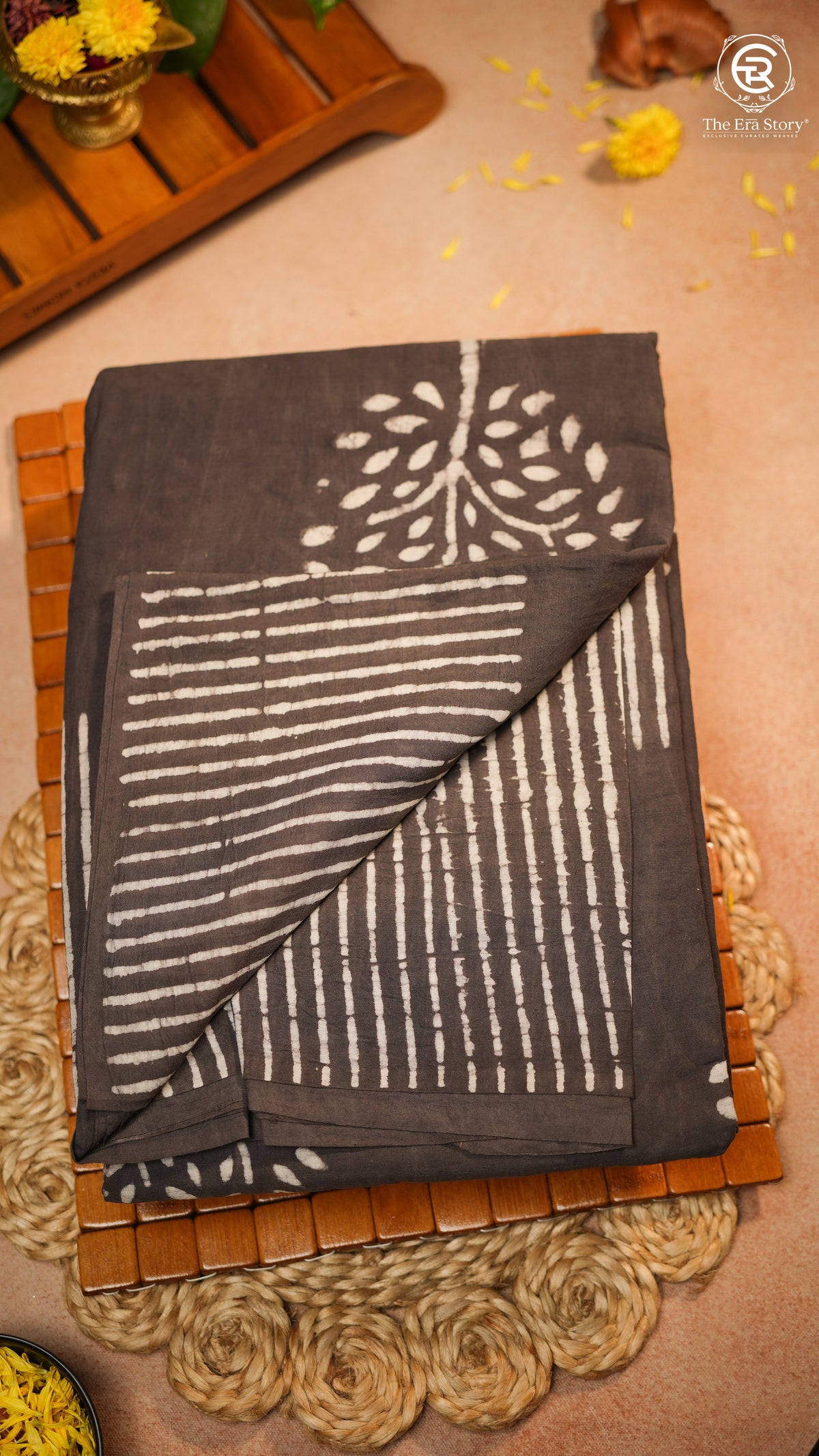 Brown & White Floral Handblocked Pure Mul Cotton Saree