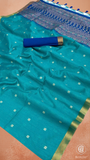 Teal Blue & Gold Floral Tussar Silk Saree