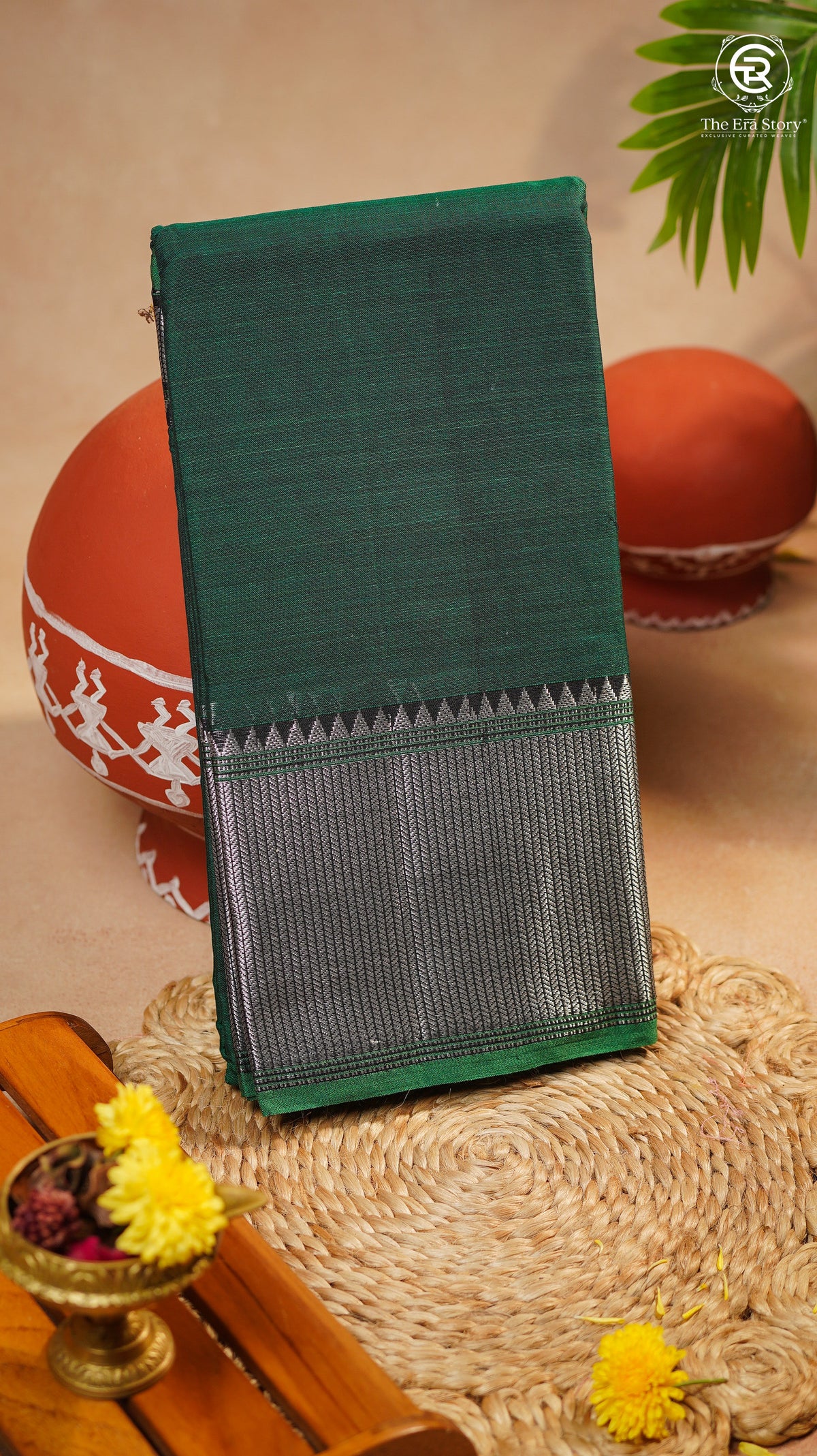 Deep Green Silver Checkered Zari Border Handloom Narayanpet Cotton Saree