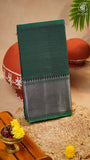 Deep Green Silver Checkered Zari Border Handloom Narayanpet Cotton Saree
