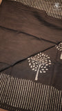 Brown & White Floral Handblocked Pure Mul Cotton Saree