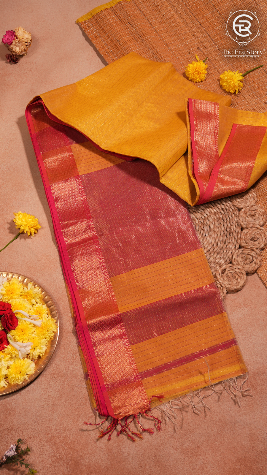 Mustard Yellow & Pink Zari Checkered Handloom Pure Maheshwari Silk Saree