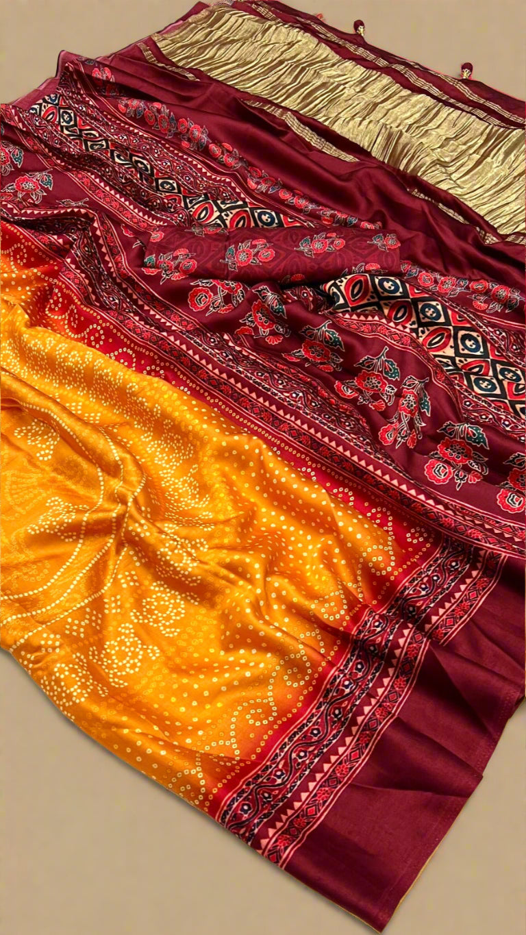 Orange and Maroon Bandhini Gajji Silk Saree