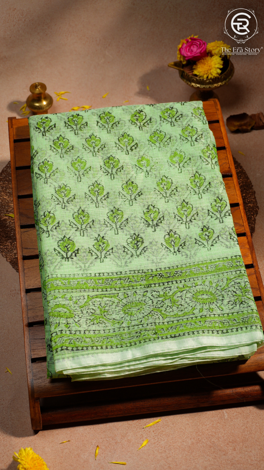 Mild Green Floral Kota Doria Summer Cotton Saree