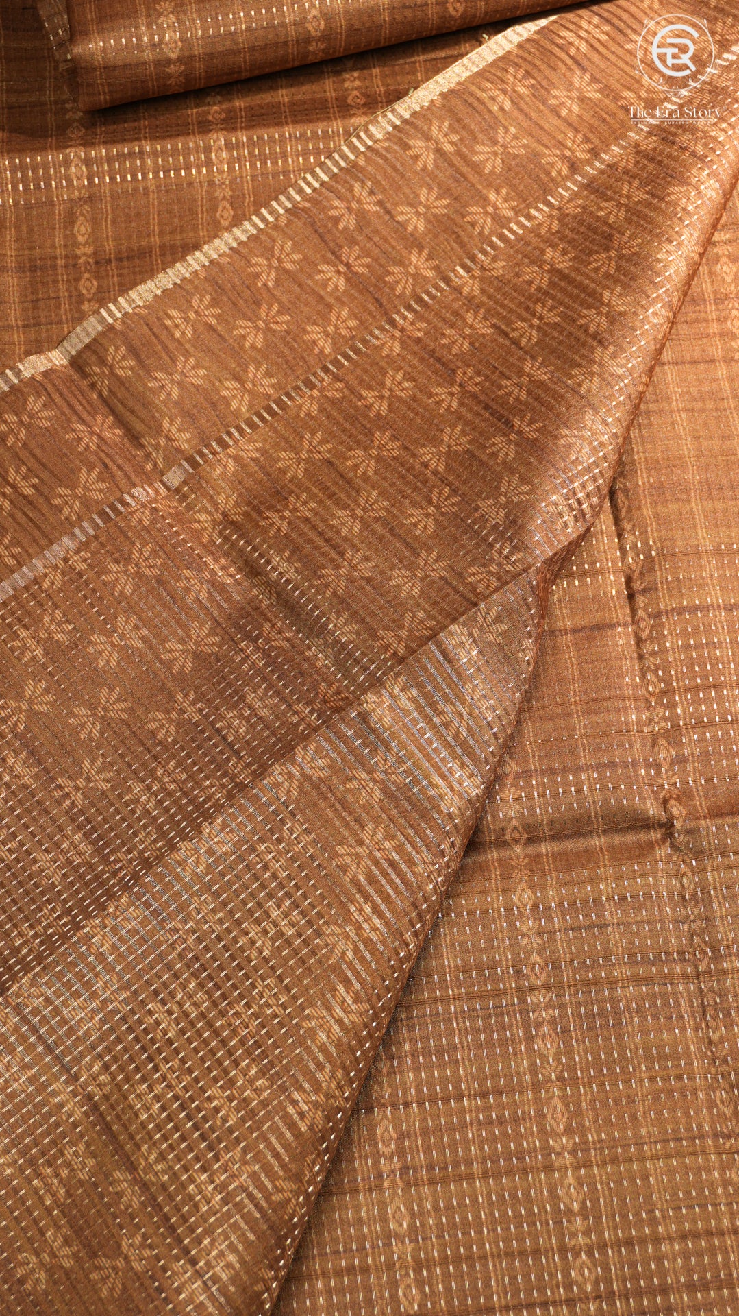 Brown Floral Border Kantha Matka Tussar Silk Saree