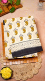 White, Yellow & Black Floral Handblocked Pure Cotton Saree