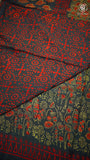 Dark Teal & Red Floral Handblocked Pure Mul Cotton Saree