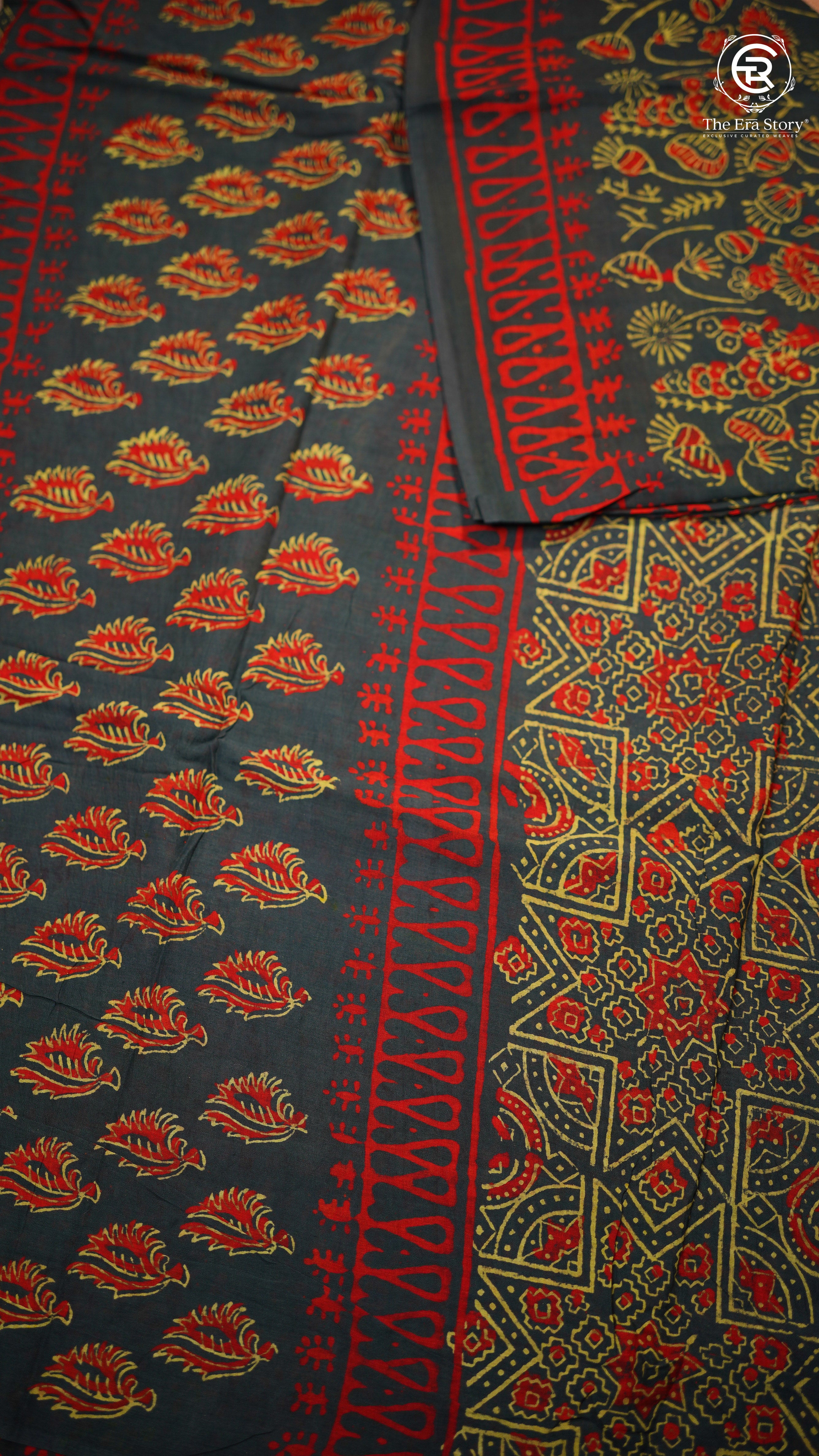 Dark Teal & Red Floral Handblocked Pure Mul Cotton Saree