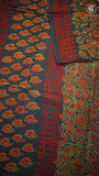 Dark Teal & Red Floral Handblocked Pure Mul Cotton Saree