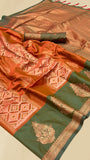 Orange and Green Dual Shade Ikkat Kanchi Soft Silk