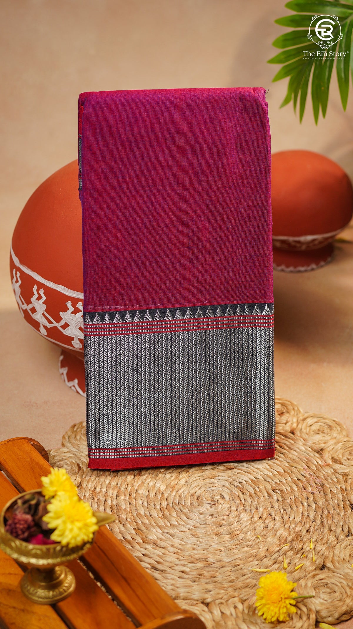 Magenta & Red Silver Checkered Zari Border Handloom Narayanpet Cotton Saree