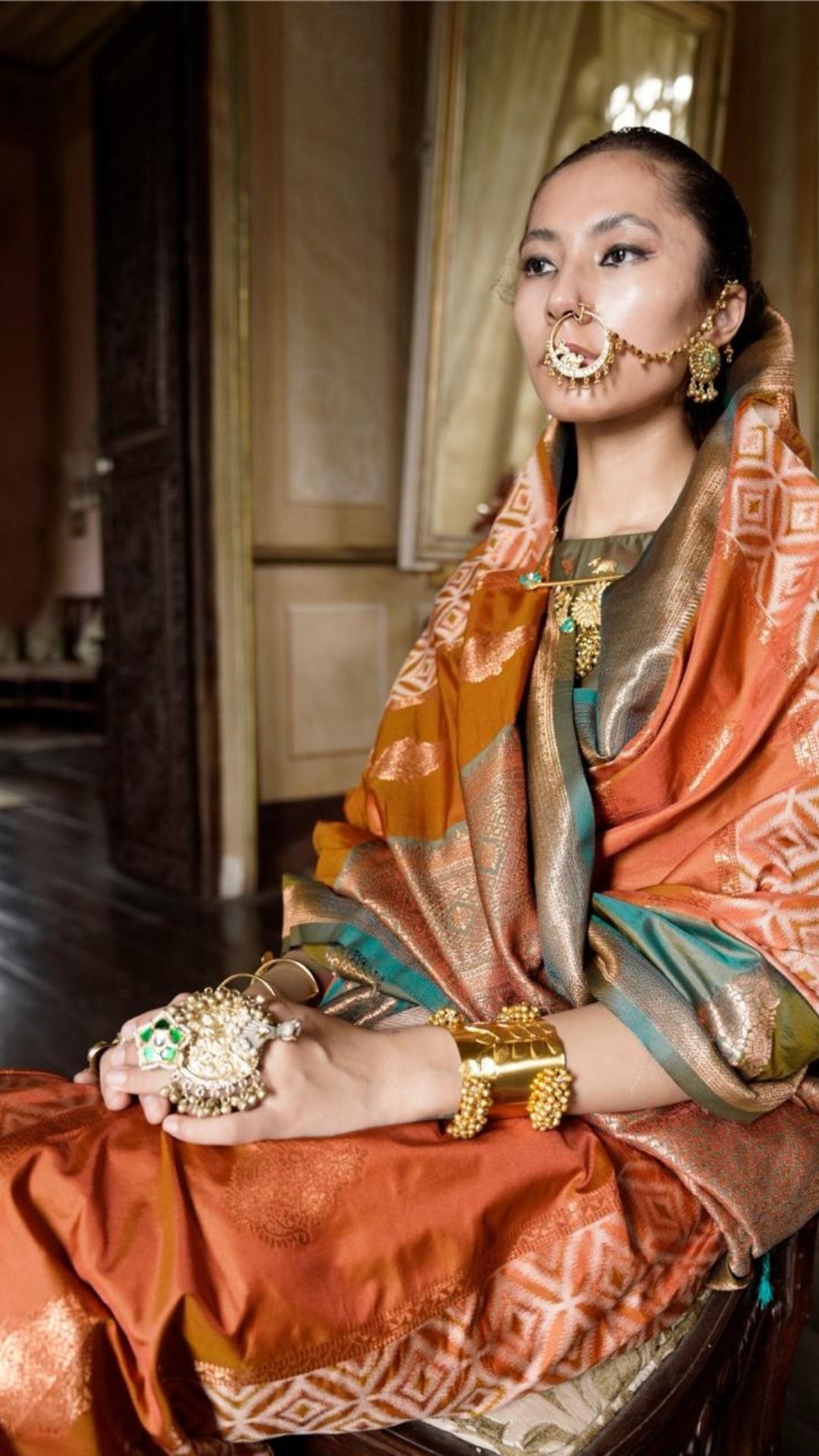Orange and Green Dual Shade Ikkat Kanchi Soft Silk