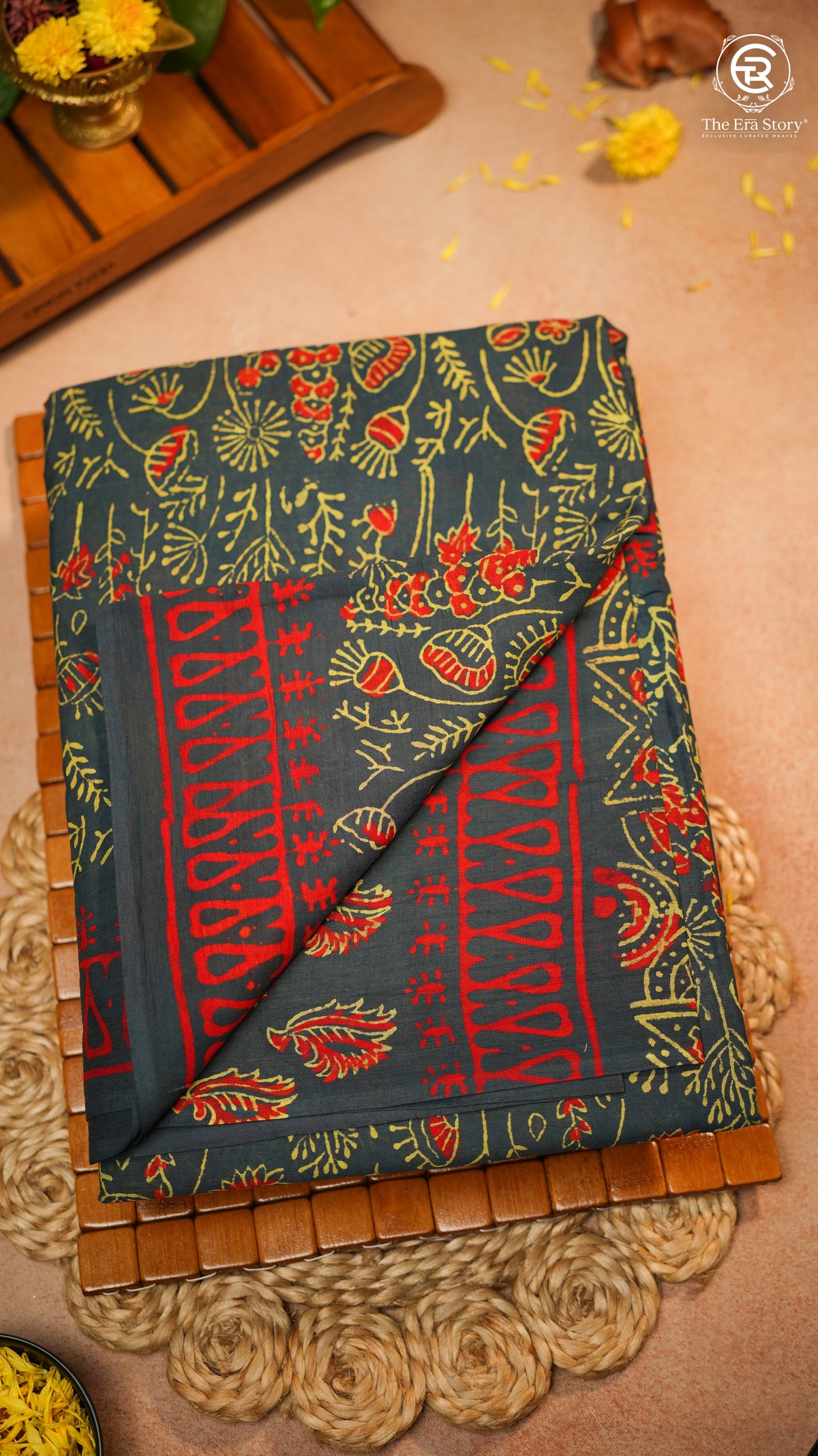 Dark Teal & Red Floral Handblocked Pure Mul Cotton Saree