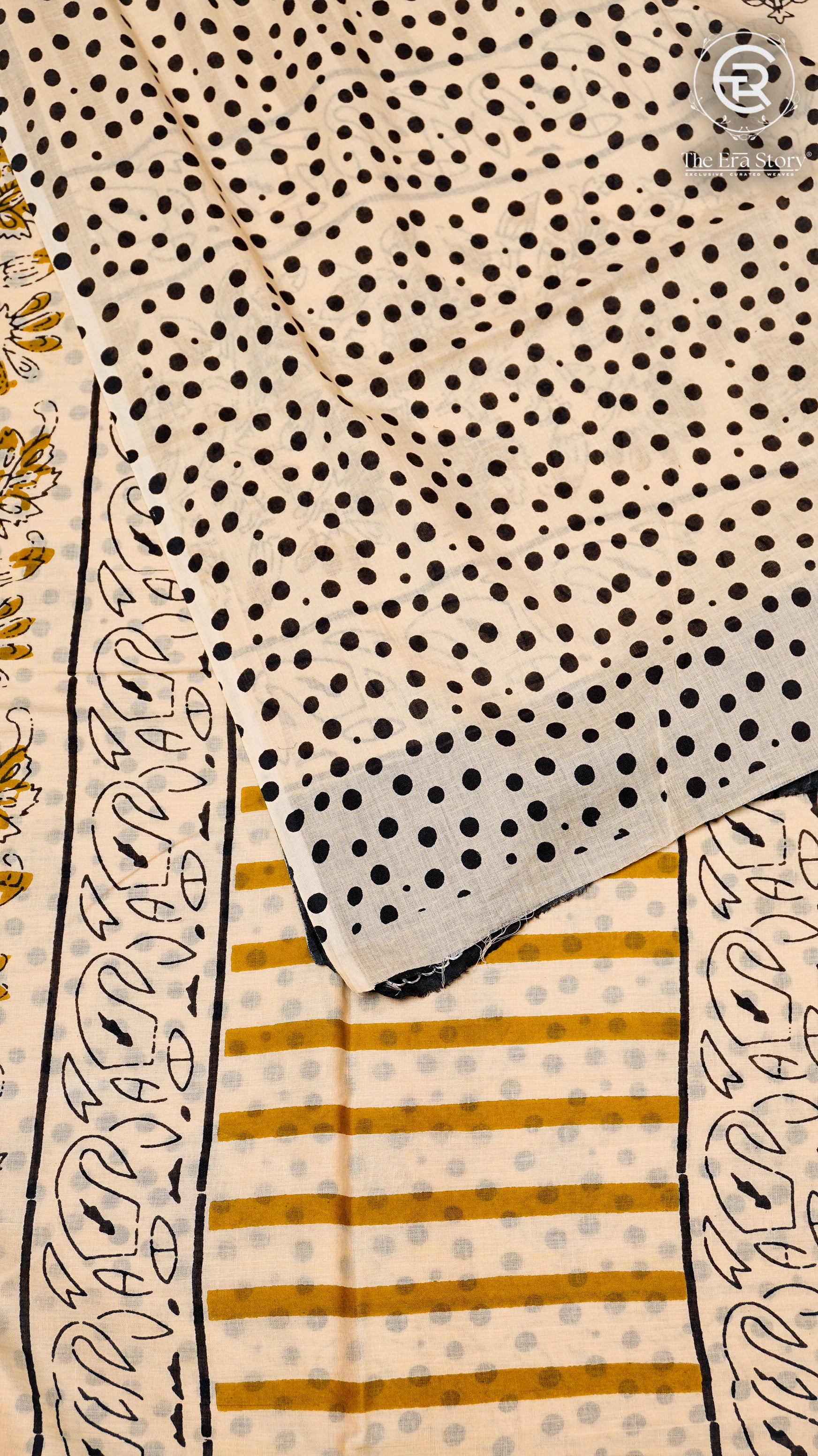 White, Yellow & Black Floral Handblocked Pure Cotton Saree