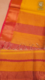 Mustard Yellow & Pink Zari Checkered Handloom Pure Maheshwari Silk Saree