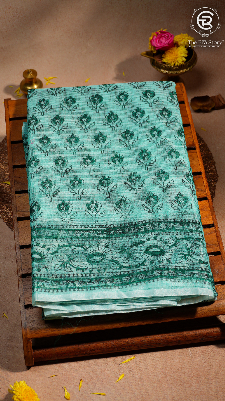 Aqua Green Floral Kota Doria Summer Cotton Saree
