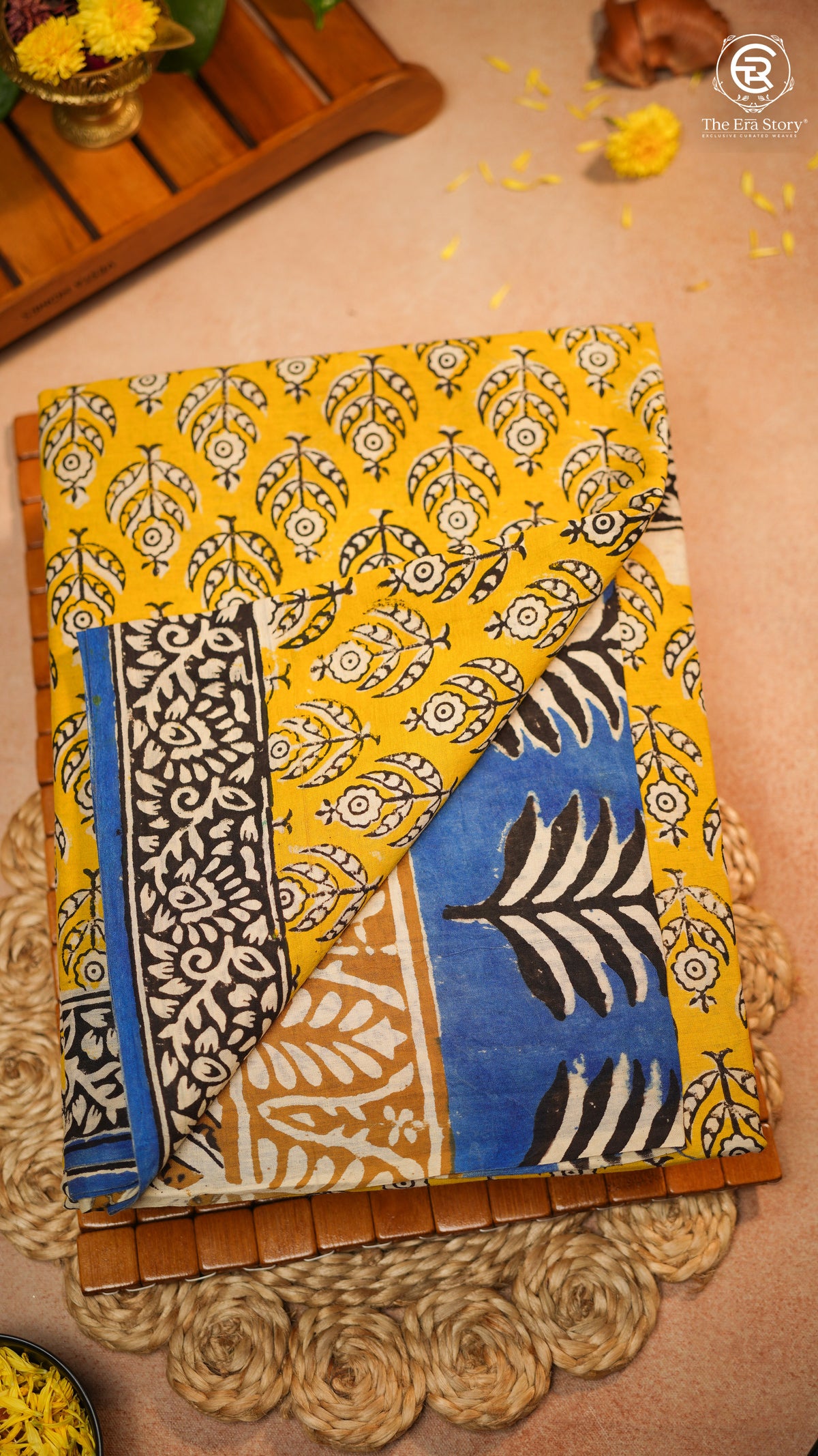 Yellow & Blue Leaf Floral Handblocked Pure Mul Cotton Saree