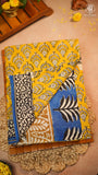 Yellow & Blue Leaf Floral Handblocked Pure Mul Cotton Saree