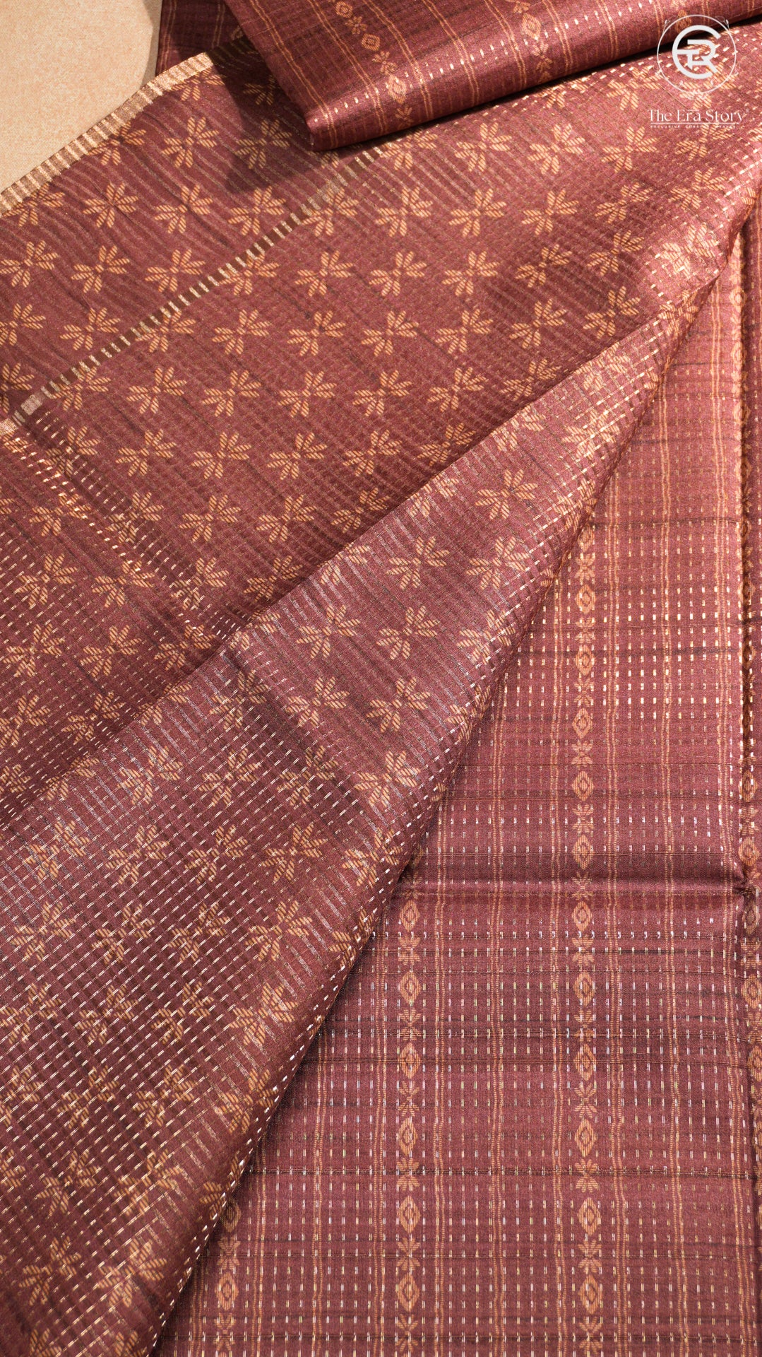 Burgundy Plum Floral Border Kantha Matka Tussar Silk Saree