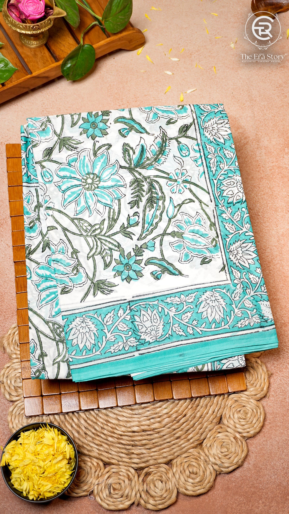 White and Teal Green Floral Handblocked Pure Cotton Saree