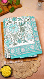 White and Teal Green Floral Handblocked Pure Cotton Saree