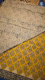 Yellow & Blue Leaf Floral Handblocked Pure Mul Cotton Saree