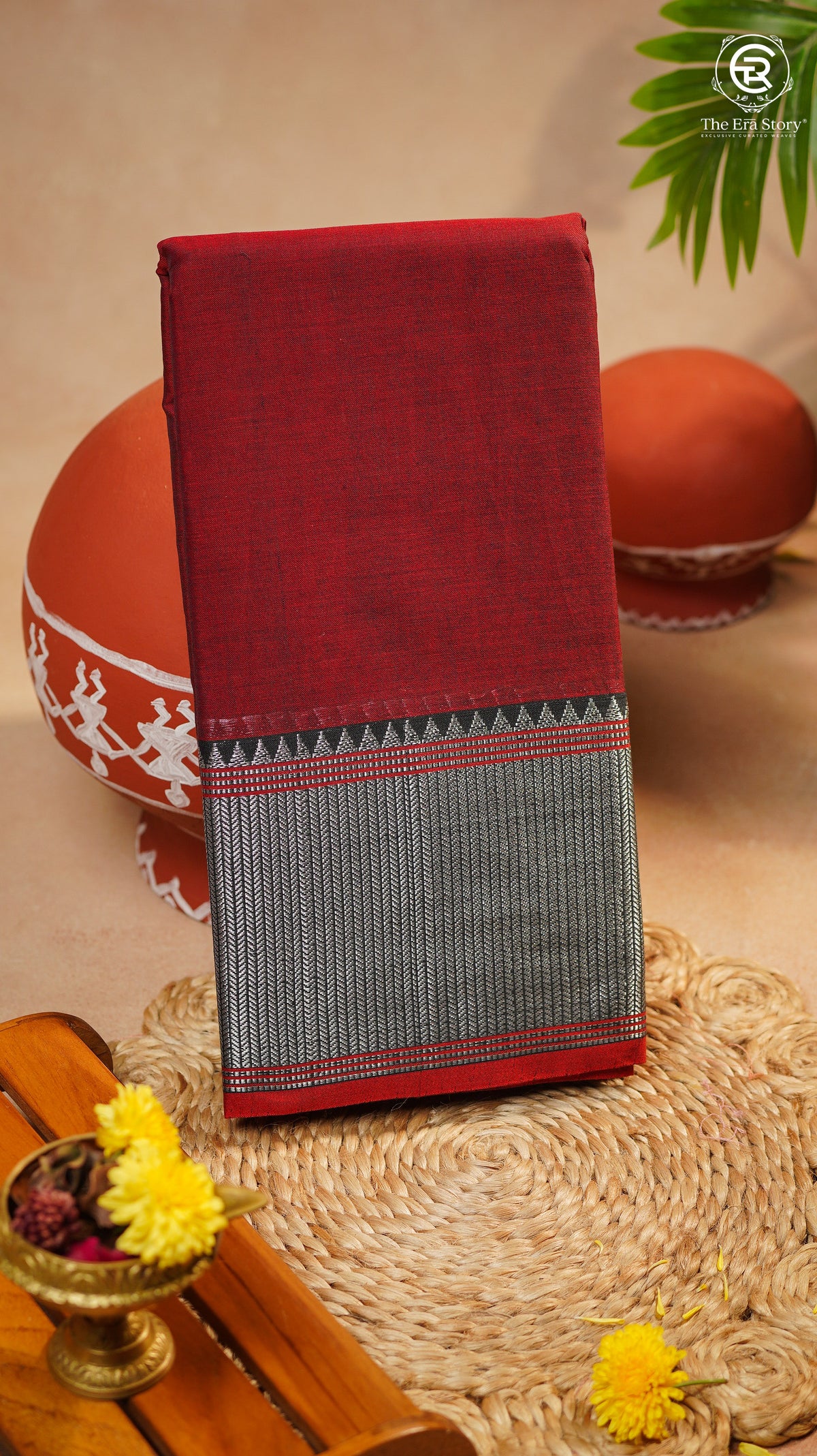 Maroon & Red Silver Checkered Zari Border Handloom Narayanpet Cotton Saree