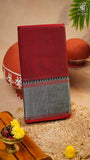 Maroon & Red Silver Checkered Zari Border Handloom Narayanpet Cotton Saree