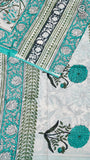 White and Teal Green Floral Handblocked Pure Cotton Saree