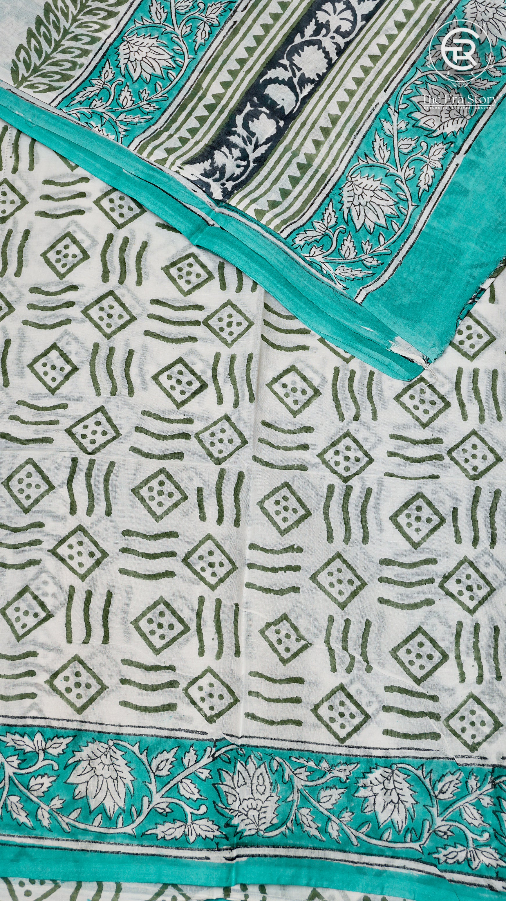 White and Teal Green Floral Handblocked Pure Cotton Saree