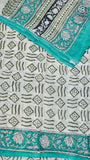 White and Teal Green Floral Handblocked Pure Cotton Saree