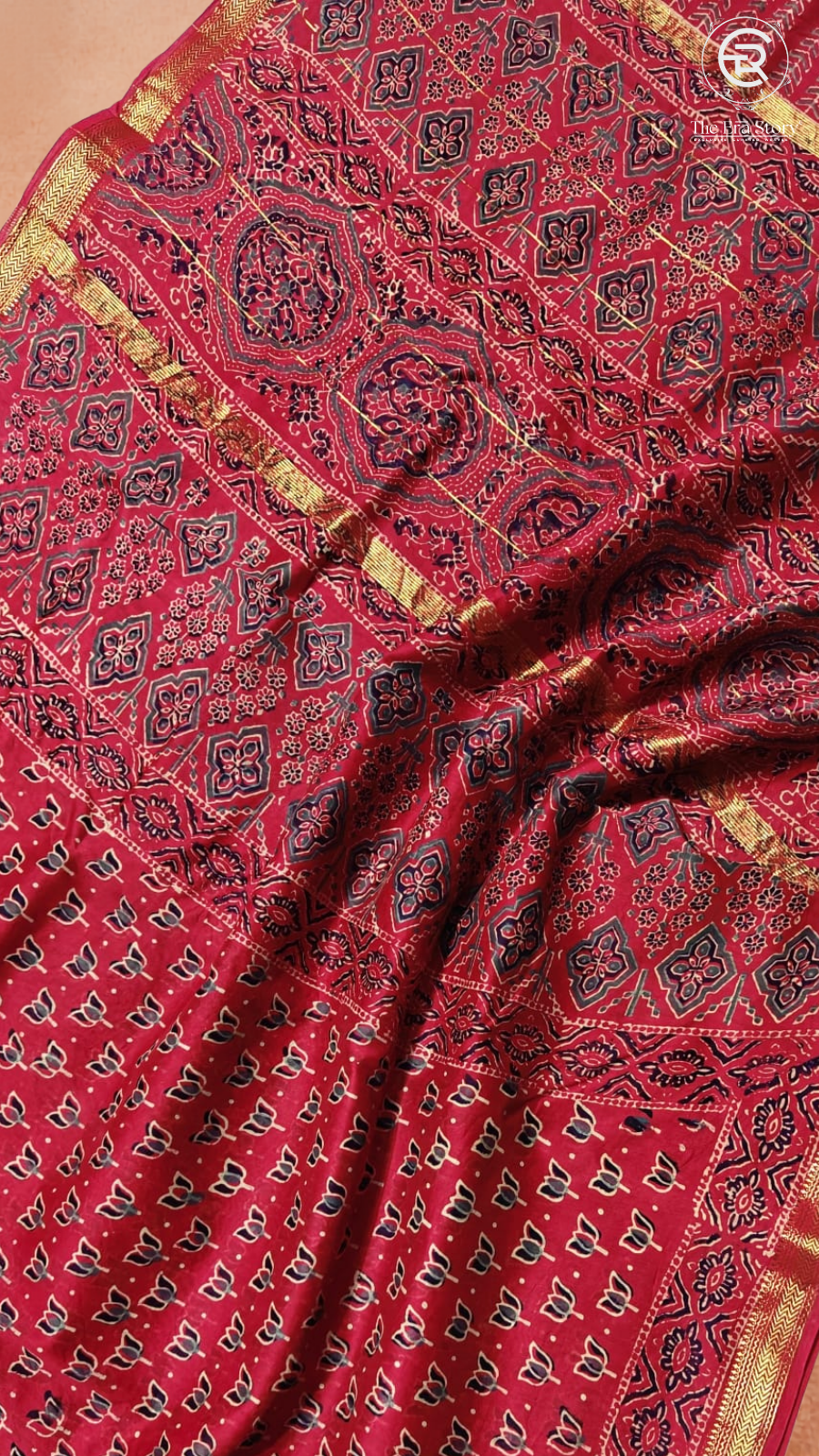 Red Lotus Floral Handblocked Pure Maheshwari Cotton Sarees
