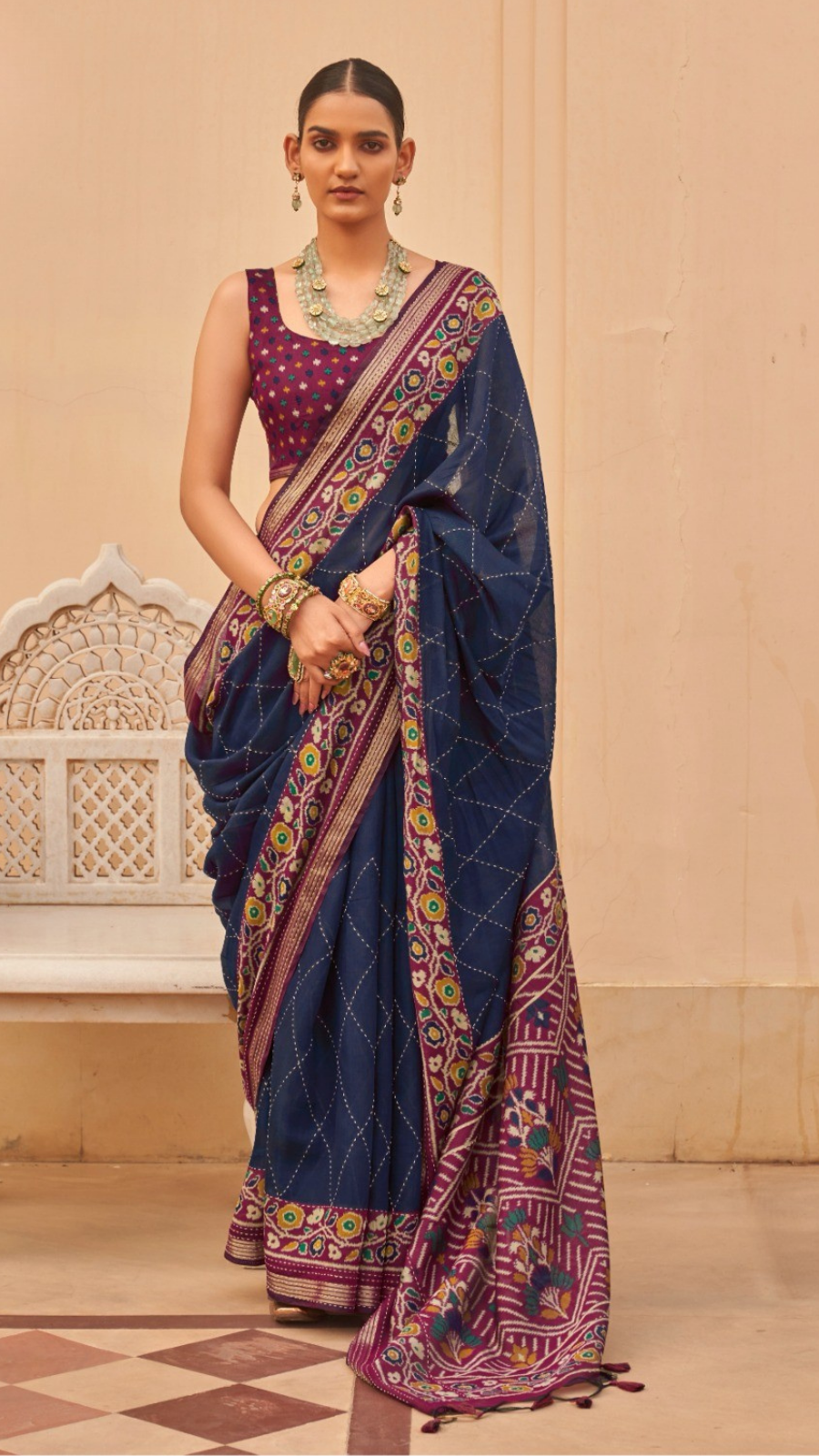 Blue and Pink Kantha Floral Diamond Soft Cotton Saree