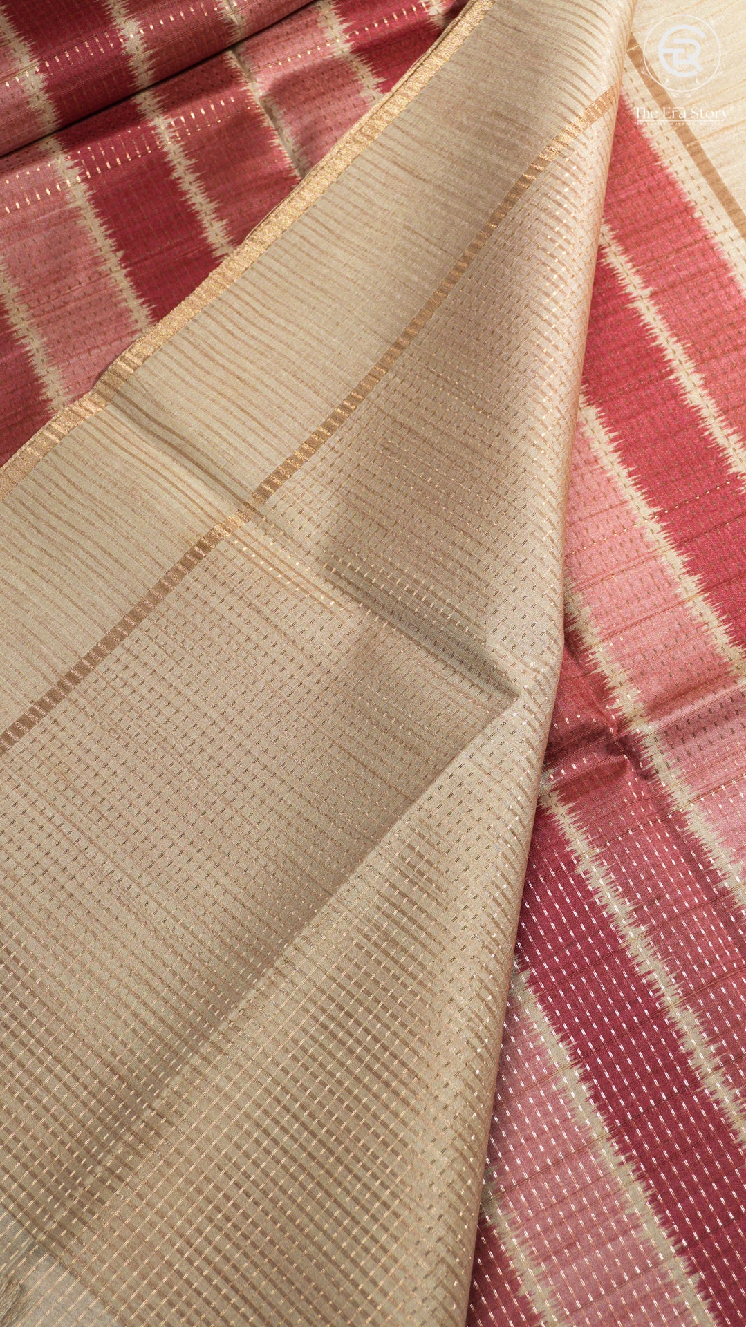 Red and Beige Kantha Matka Tussar Silk Saree
