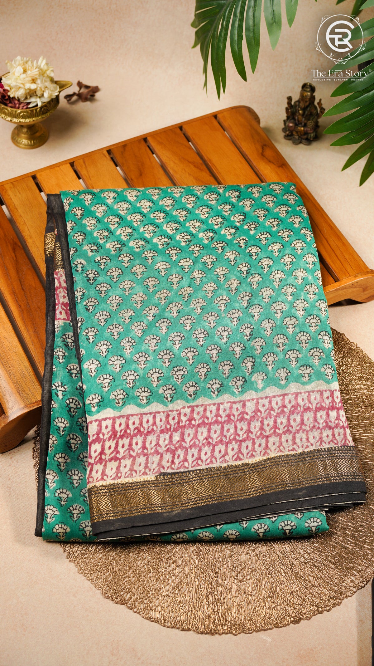 Green & Pink Floral Handblocked Pure Maheshwari Cotton Silk Sarees