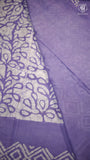 White & Purple Floral Handblocked Pure Mul Cotton Saree
