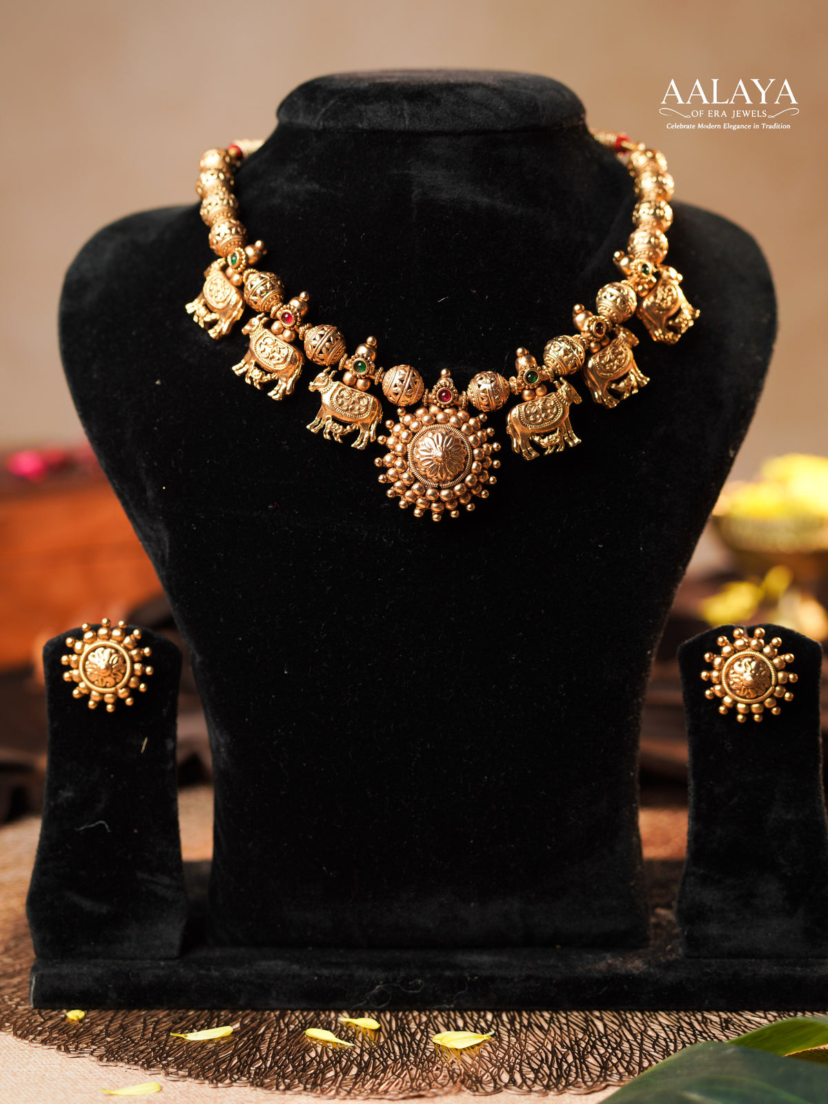 Aalaya Antique Gold Elephant Heritage Necklace Set