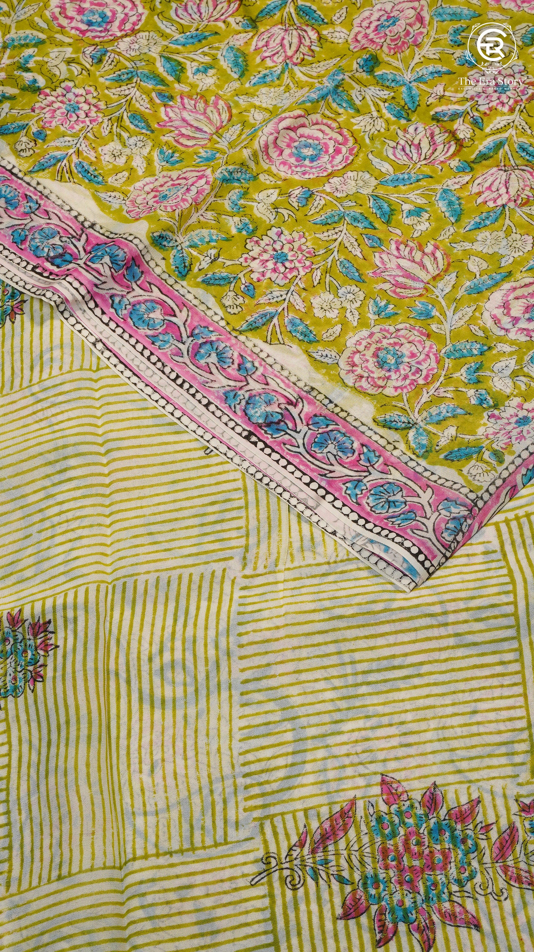 Green & Pink Floral Handblocked Pure Georgette Saree