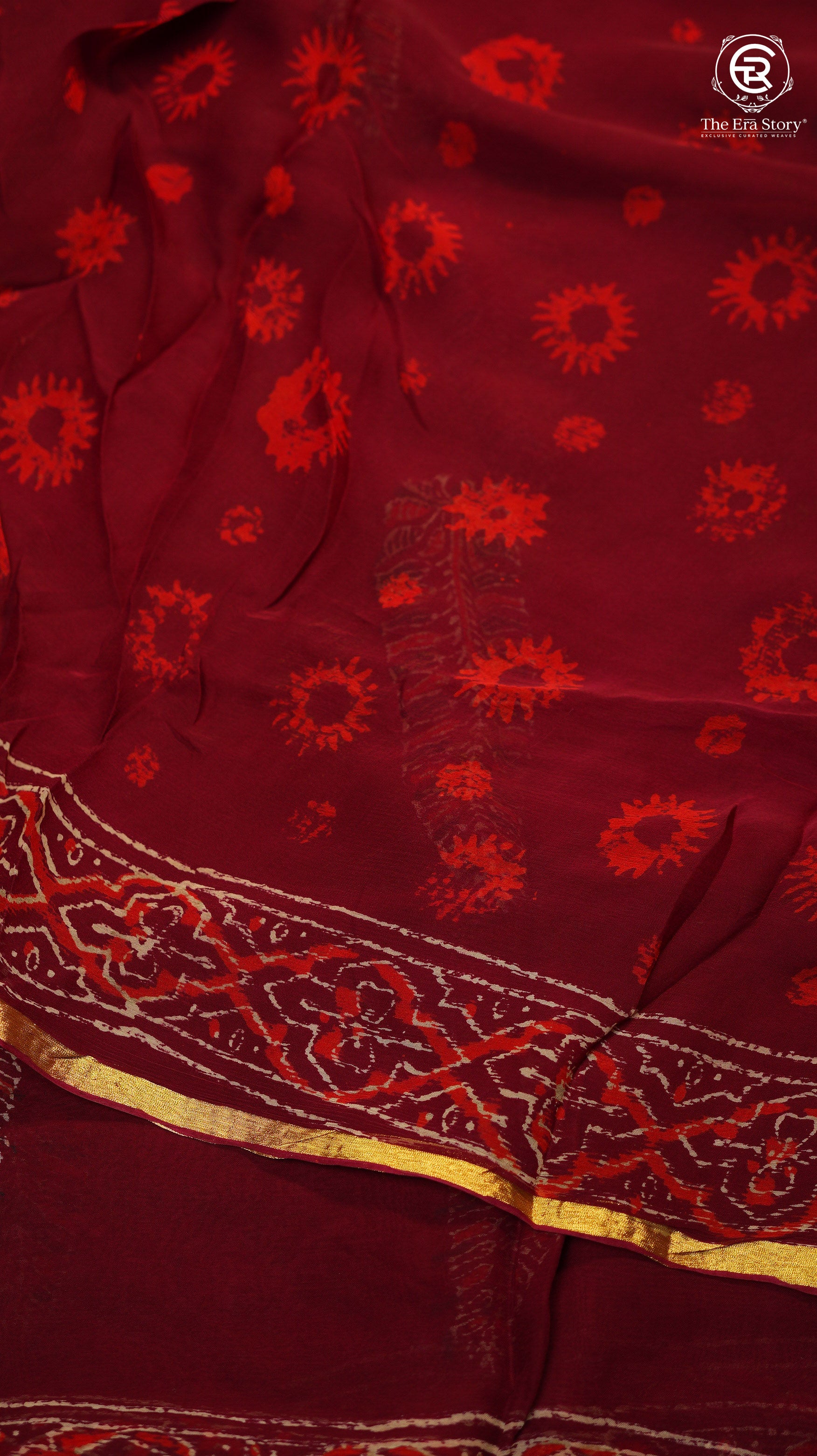 Maroon Pine Floral Handblocked Pure Double Chiffon Saree