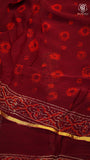 Maroon Pine Floral Handblocked Pure Double Chiffon Saree