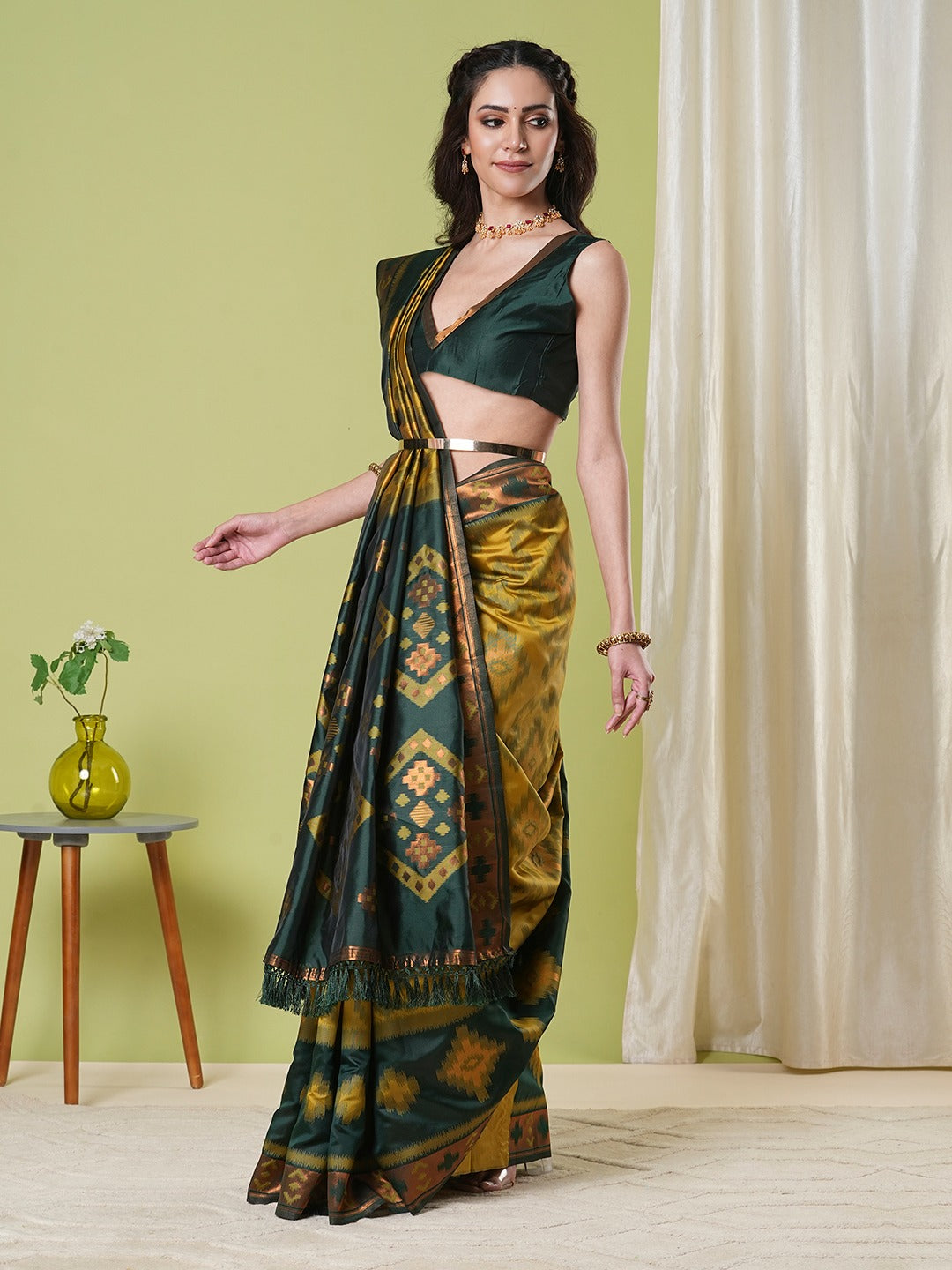 Yellow and Green Pochampally Soft Silk Saree
