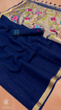 Royal Blue & Gold Multicolor Floral Tussar Silk Saree