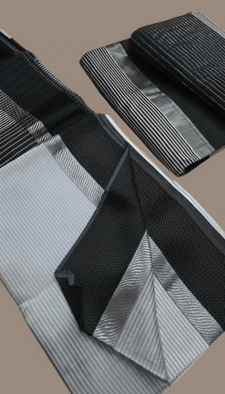 Grey and Black Line Patterned Handloom Pure Maheshwari Silk Saree