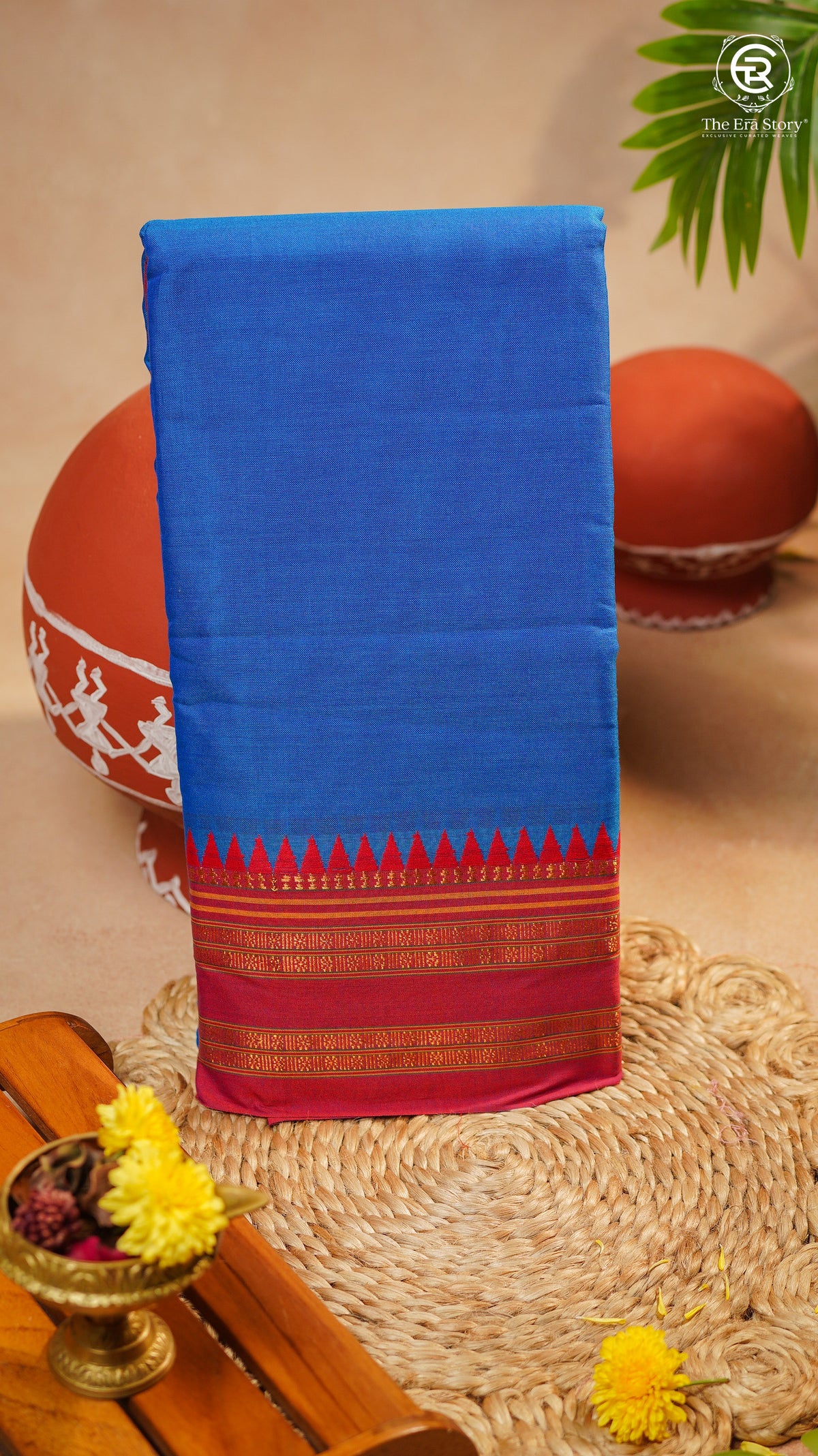 Royal Blue & Red Temple Border Handloom Narayanpet Cotton Saree