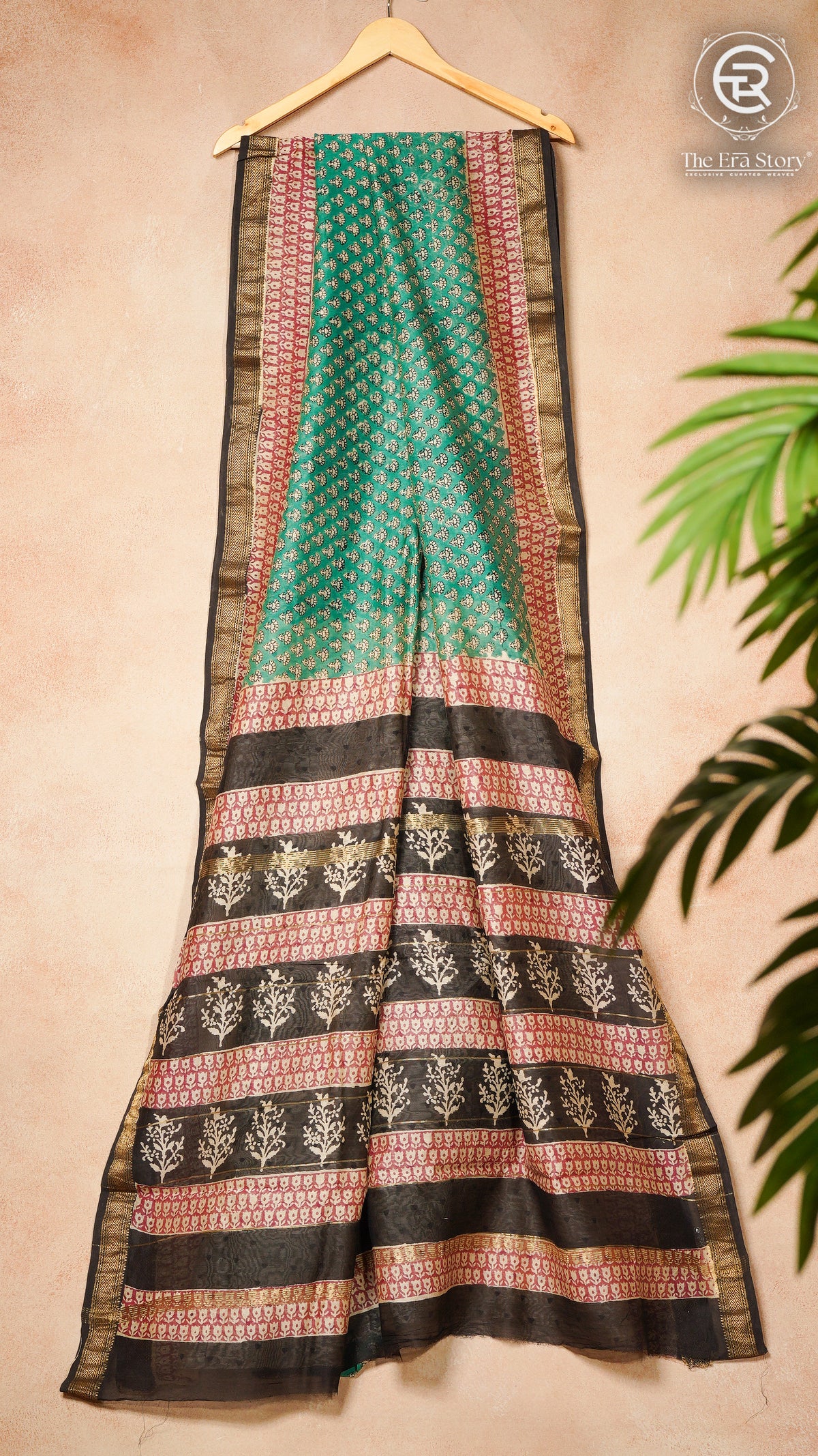 Green & Pink Floral Handblocked Pure Maheshwari Cotton Silk Sarees