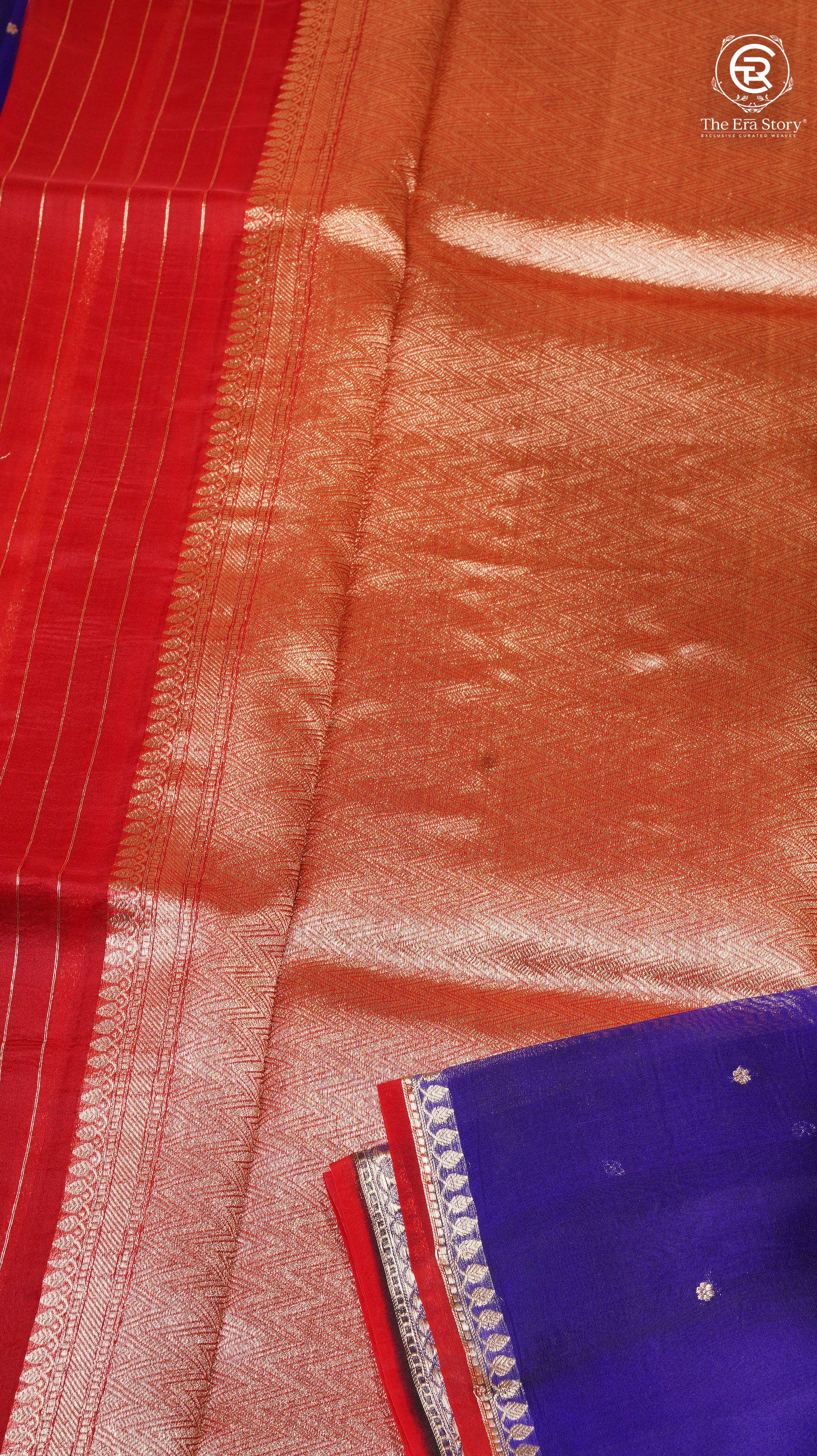 Blue & Red Pure Kora Organza Banarasi Silk Saree