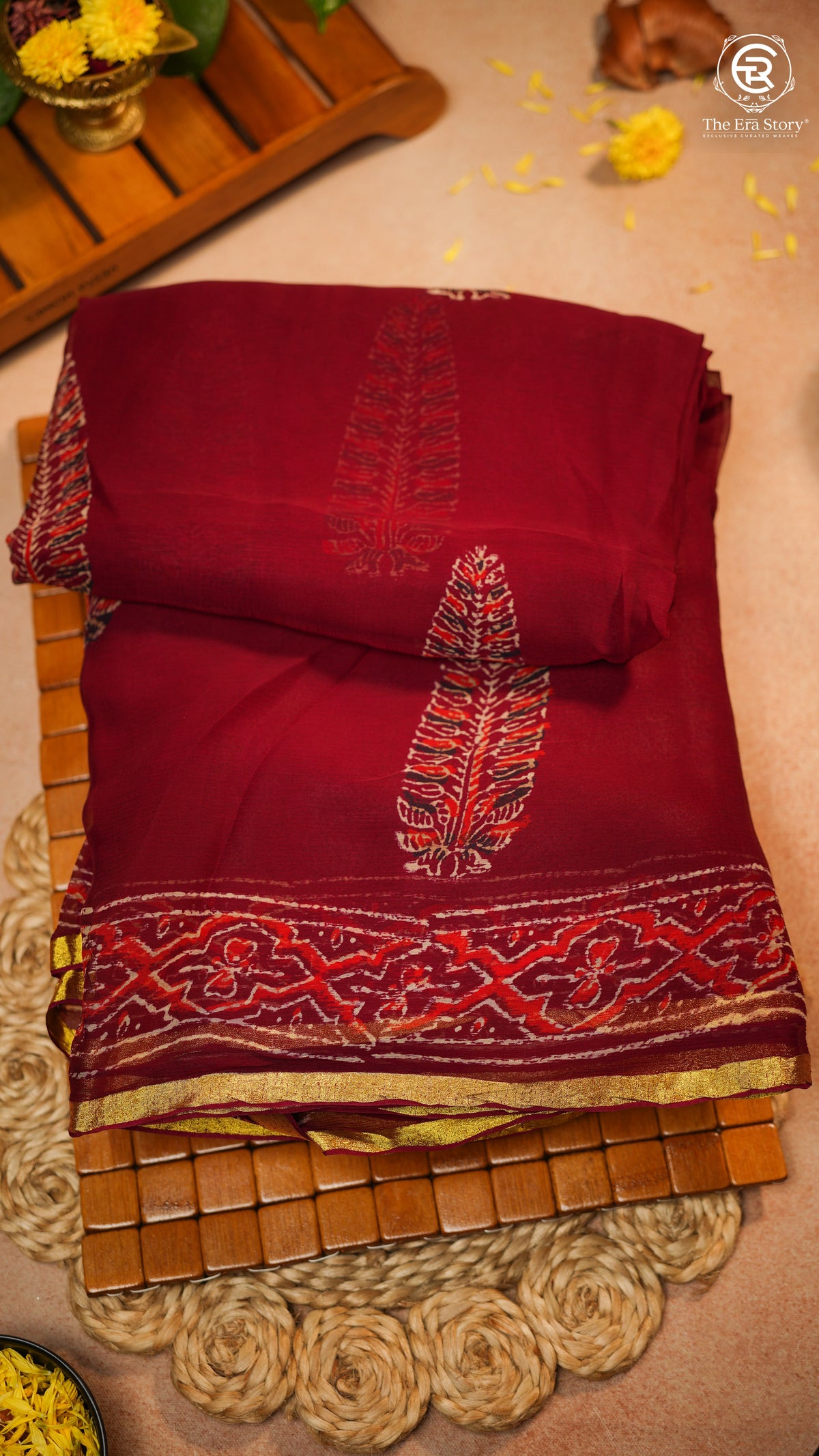 Maroon Pine Floral Handblocked Pure Double Chiffon Saree